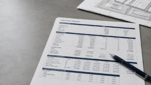 Real estate developer reviewing feasibility study financial model at project desk