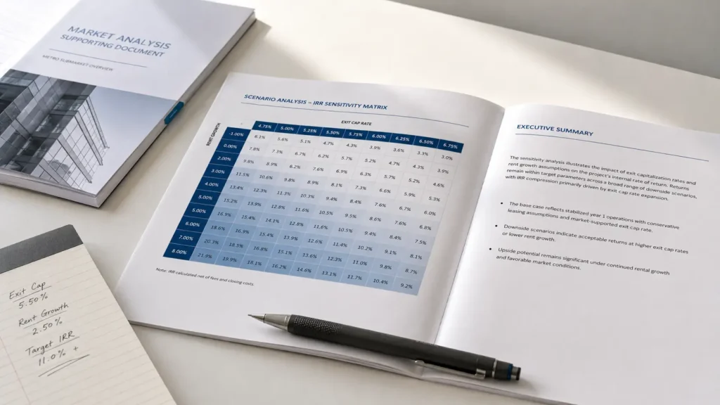 Real estate investment analysis framework showing scenario table and return metrics on a desk