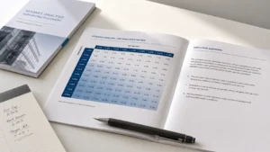 Real estate investment analysis framework showing scenario table and return metrics on a desk