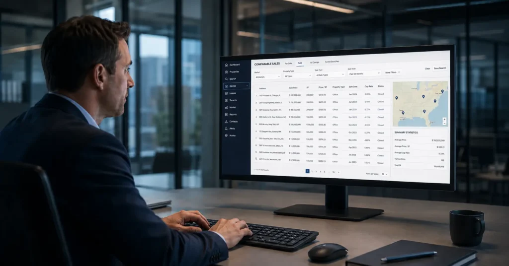 Analyst working on sales comparison approach in commercial real estate