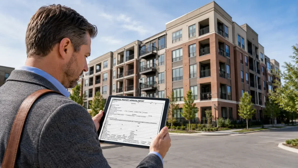 Commercial real estate appraiser reviewing income approach and sales comparison data