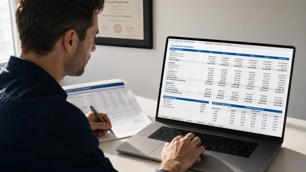 BlueStar analyst reviewing real estate financial model at desk