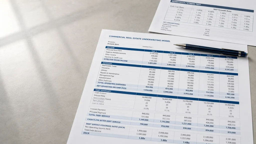 Real estate investor reviewing underwriting model and DSCR calculations at a desk