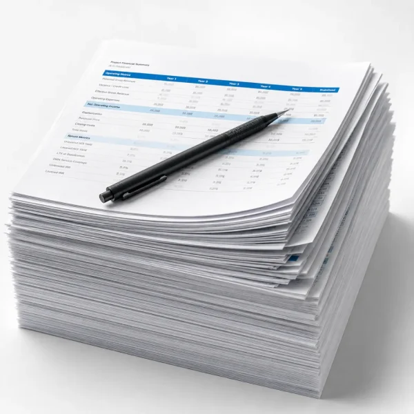 pile of paper for commercial real estate analysis