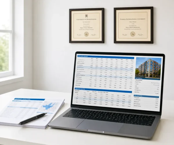laptop with financial model on the screen for commercial real estate property